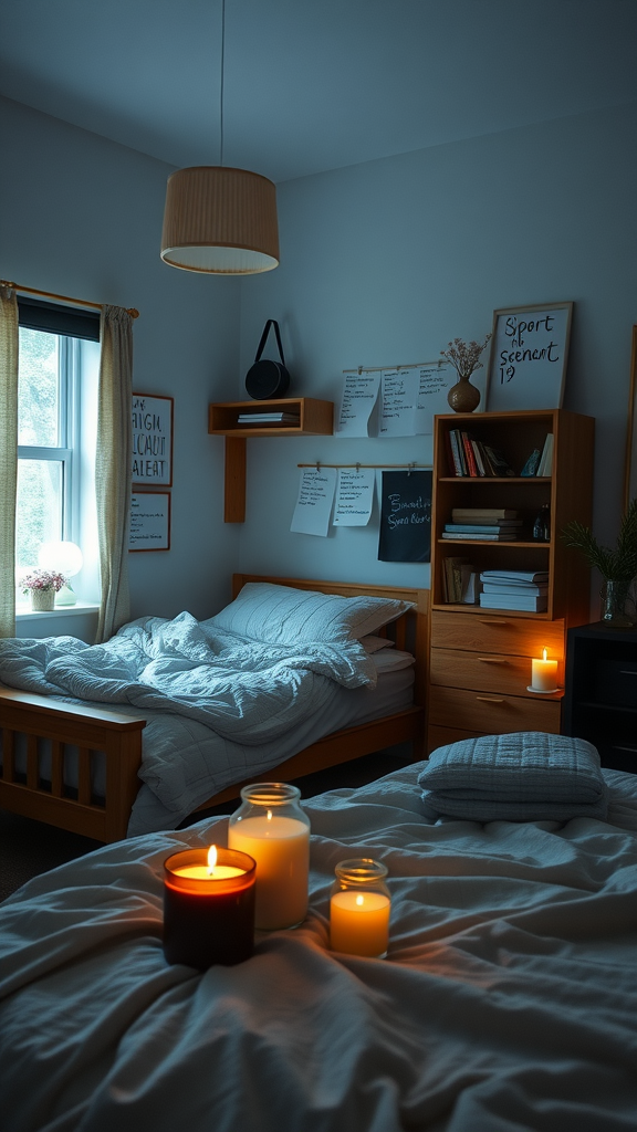 A cozy dorm room with candles lit, soft bedding, and warm lighting.