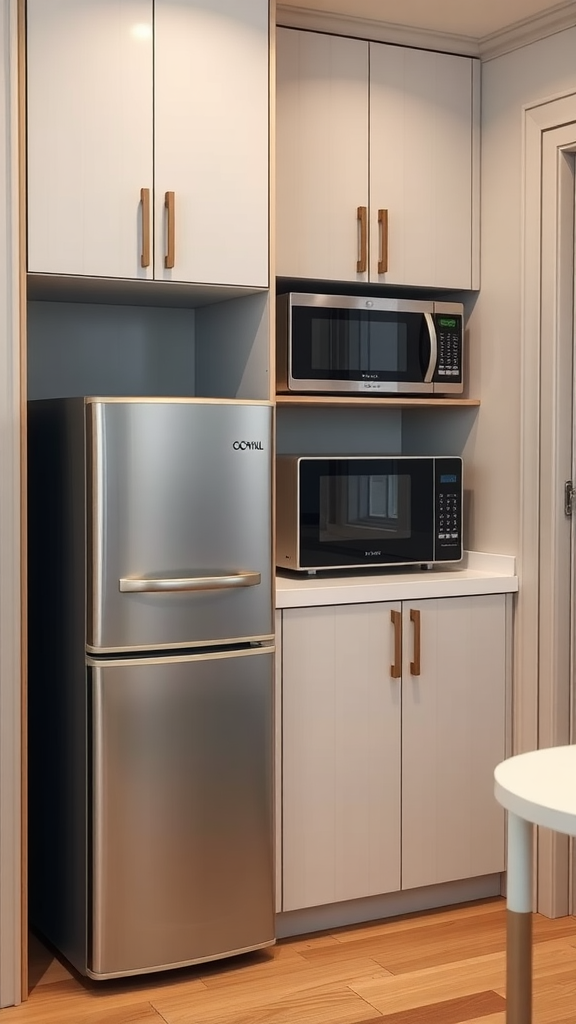 A compact kitchen setup featuring a stainless steel refrigerator and two microwaves neatly arranged in cabinetry.