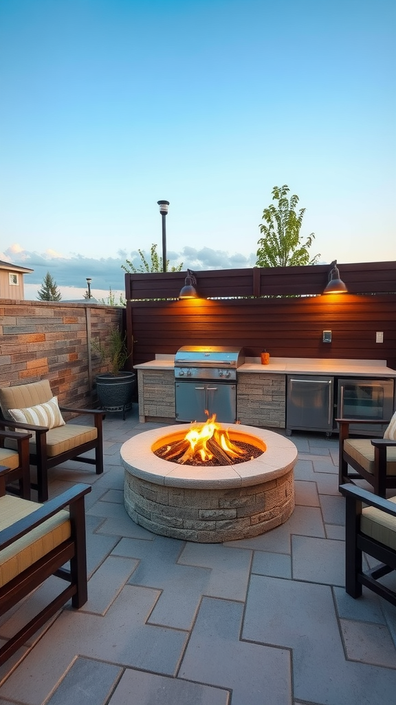 Cozy outdoor kitchen with a fire pit and seating area