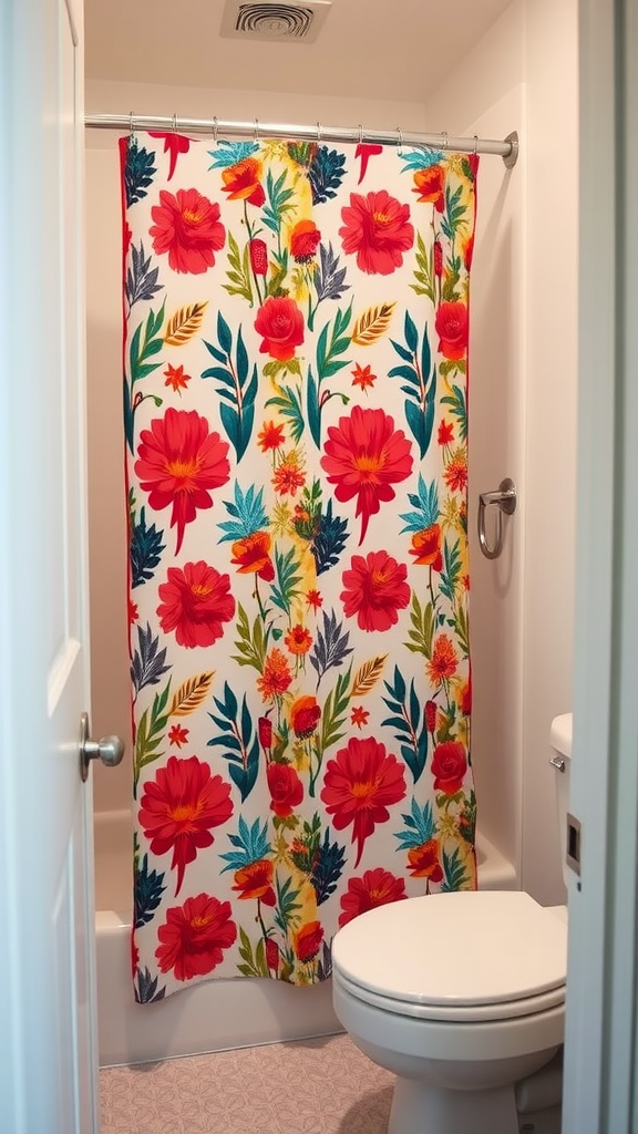 A vibrant floral shower curtain in a compact bathroom setting.