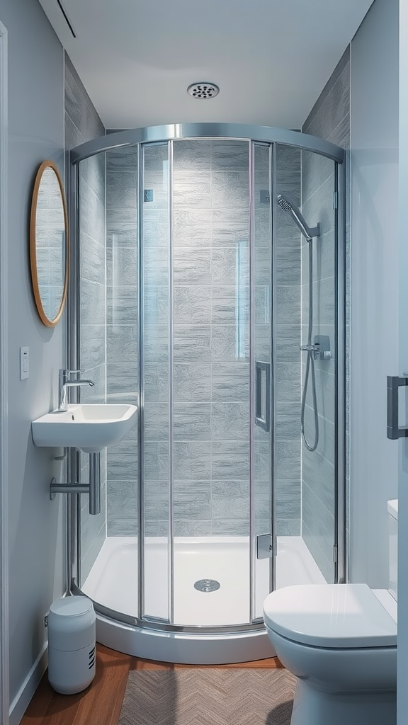 A compact bathroom featuring a modern corner shower with glass doors, a small sink, and a toilet.