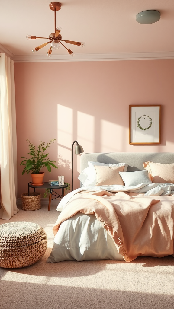 A cozy bedroom featuring a peach-colored wall, soft blue bedding, and natural light.