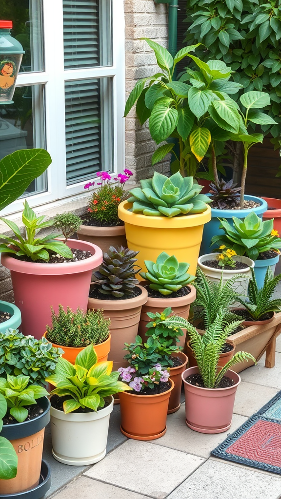 A variety of colorful potted plants arranged on a patio.