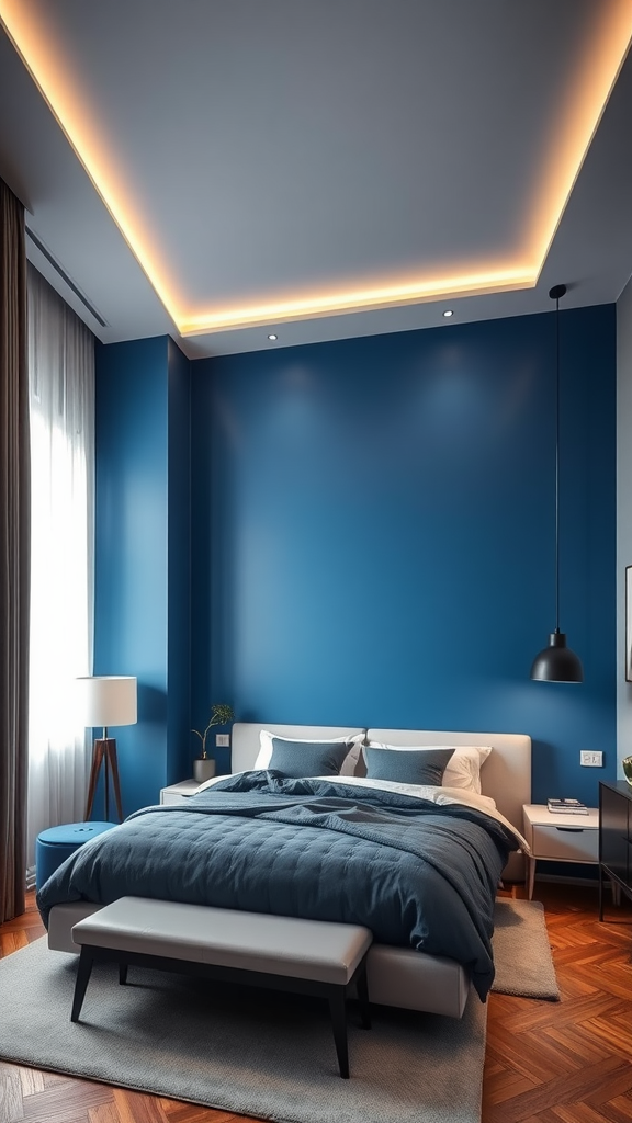 A modern bedroom featuring a blue accent wall, stylish bedding, and warm lighting.