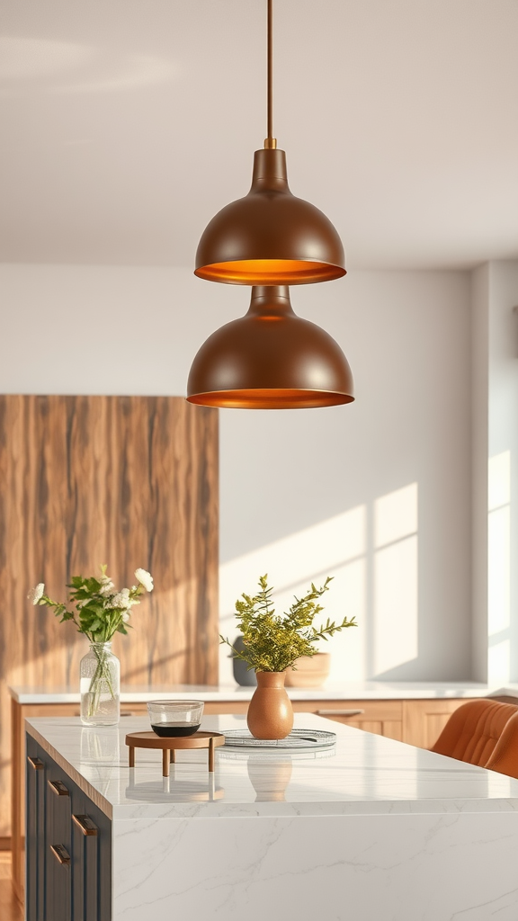 A modern kitchen with a stylish brown pendant light hanging over a marble countertop.