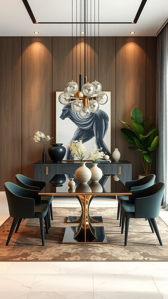 Modern dining area with a stylish chandelier, elegant table, and artistic decor