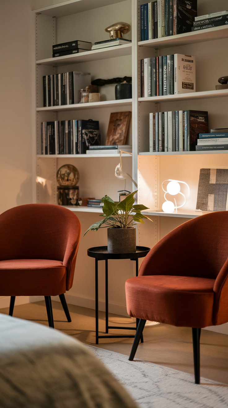 Two contemporary rust accent chairs in a modern bedroom setting with a small table and plant.