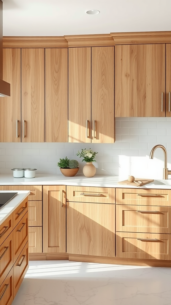 Modern kitchen featuring hickory cabinets paired with white countertops and backsplash.