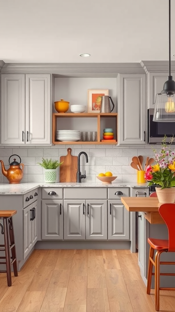 A light gray kitchen with colorful dishware and a bright red chair, showcasing a stylish and vibrant contrast.