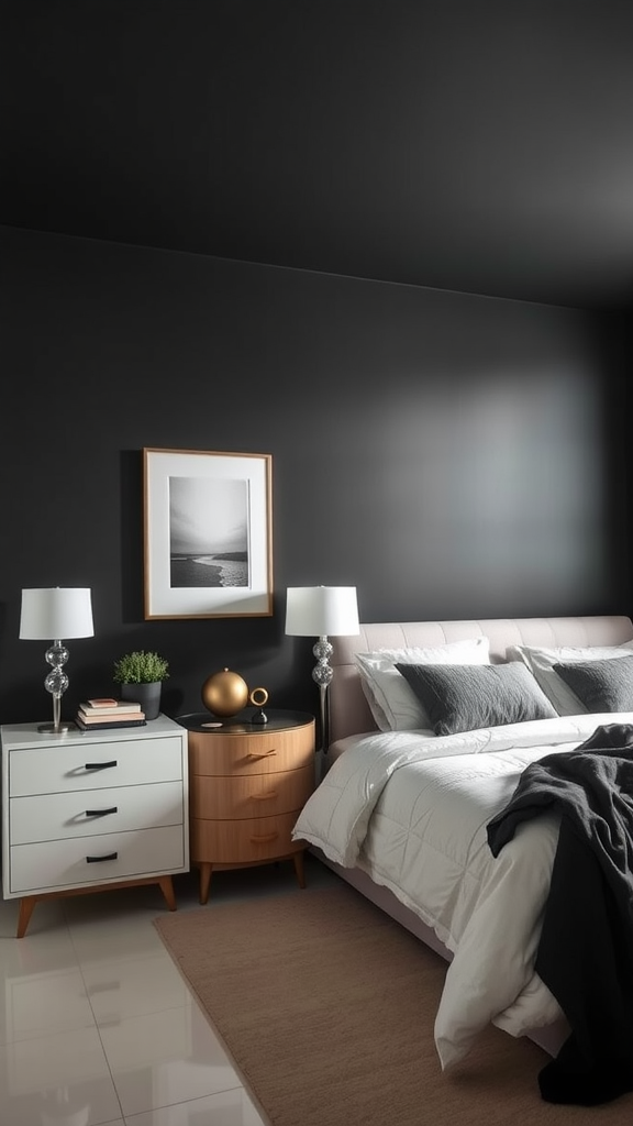 A cozy bedroom with dark walls and light furniture, featuring a bed, bedside tables, and a framed picture.