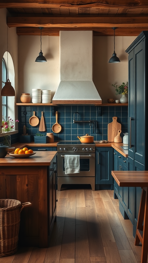 A rustic farmhouse kitchen with warm wood tones and deep blue cabinets.