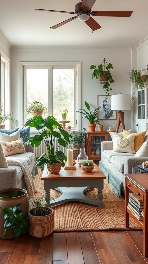 A cozy living room featuring a rustic coffee table surrounded by plants and comfortable seating.