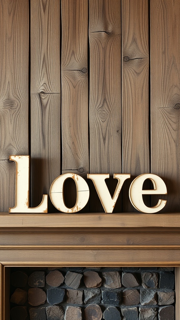 A vintage wooden sign spelling 'Love' against a rustic wooden wall.