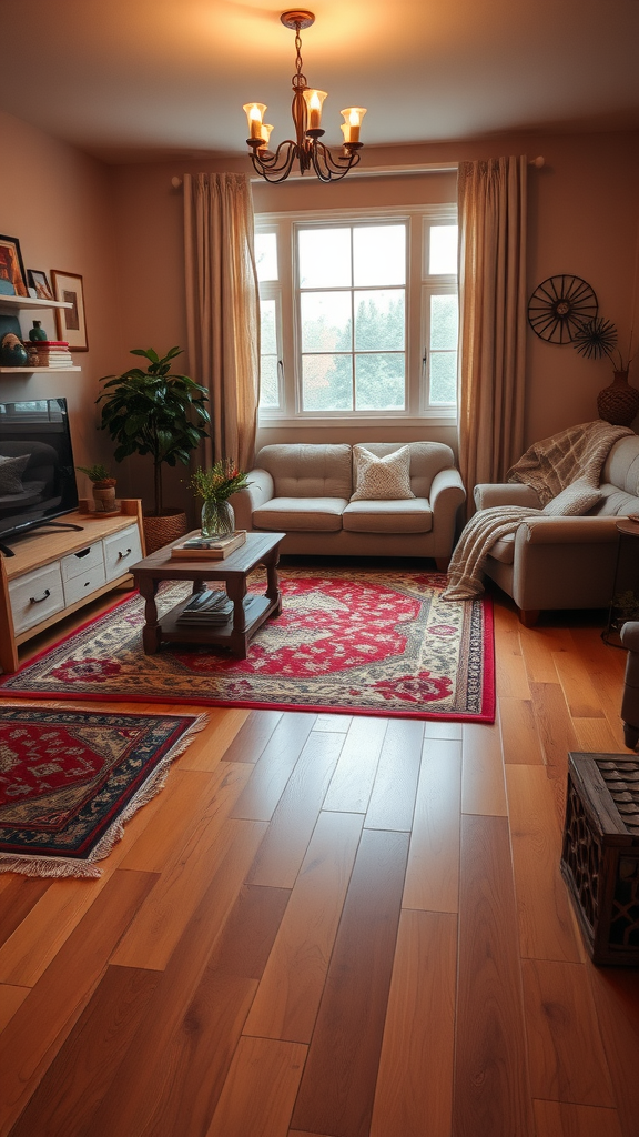 Cozy living room with hardwood floors and area rugs