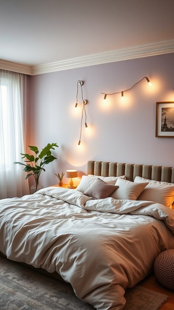 A cozy bedroom featuring a plush bed, warm lighting, and a decorative plant.