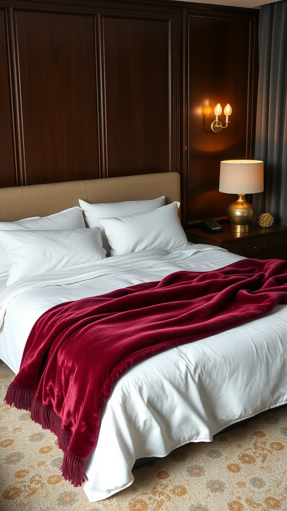 A luxurious burgundy blanket draped over a neatly made bed.