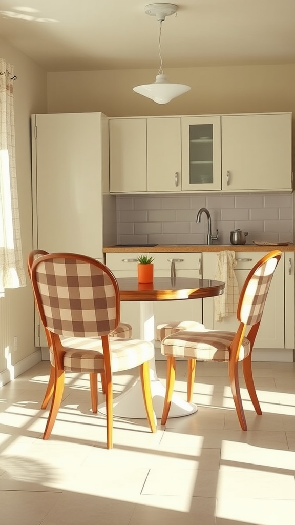 A cozy dinette set with checkered upholstery in a bright kitchen.