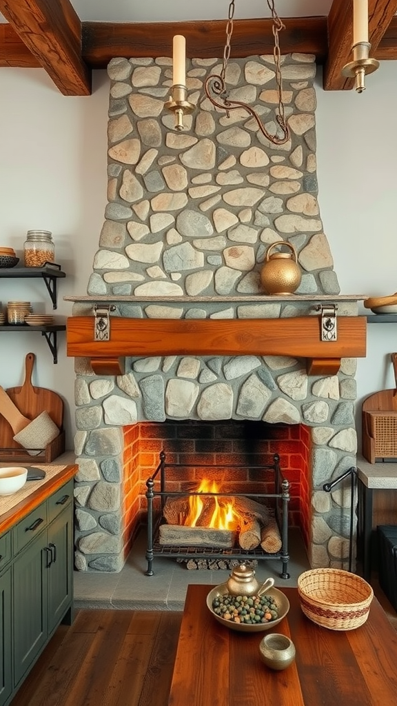 Cozy fireplace in a rustic farmhouse kitchen featuring stonework and warm flames.