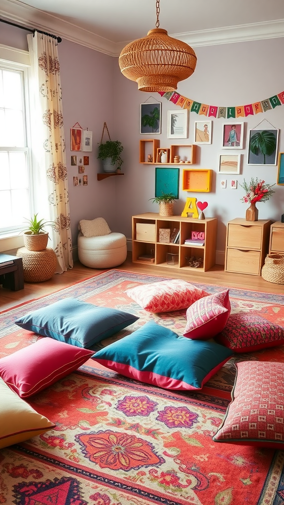 A cozy bohemian playroom with colorful floor cushions scattered on a vibrant rug.