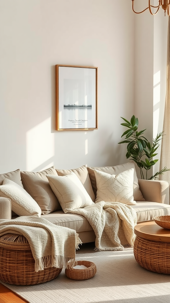 Cozy living room featuring neutral tones, textured fabrics, and natural decor