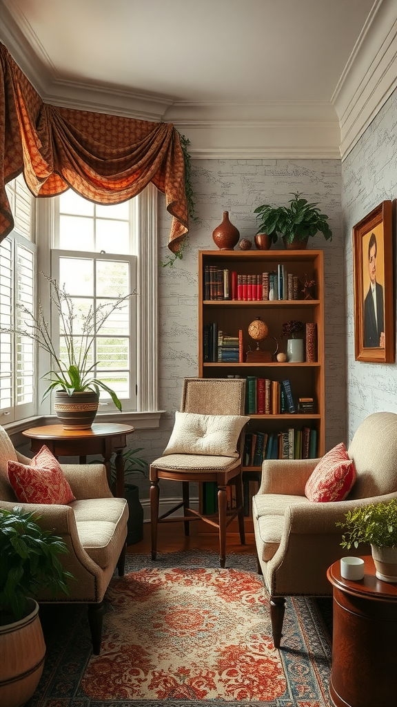 A cozy seating area in a classic southern home, featuring plush chairs, a side table, and decorative accents.