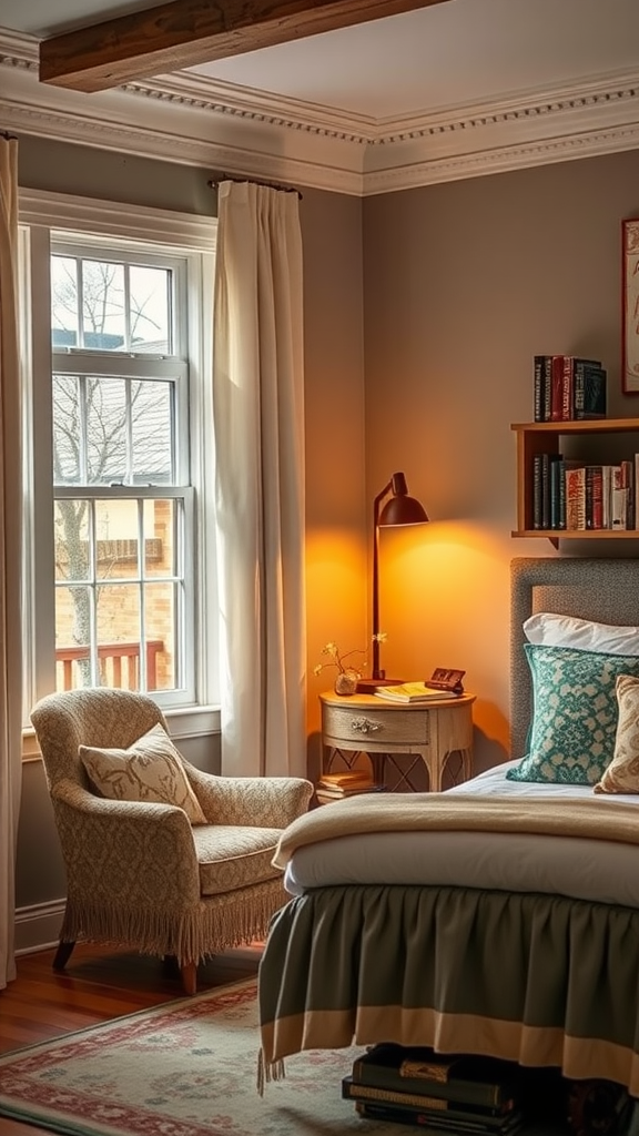 A cozy reading nook featuring a comfortable chair, warm lamp, and a bookshelf.