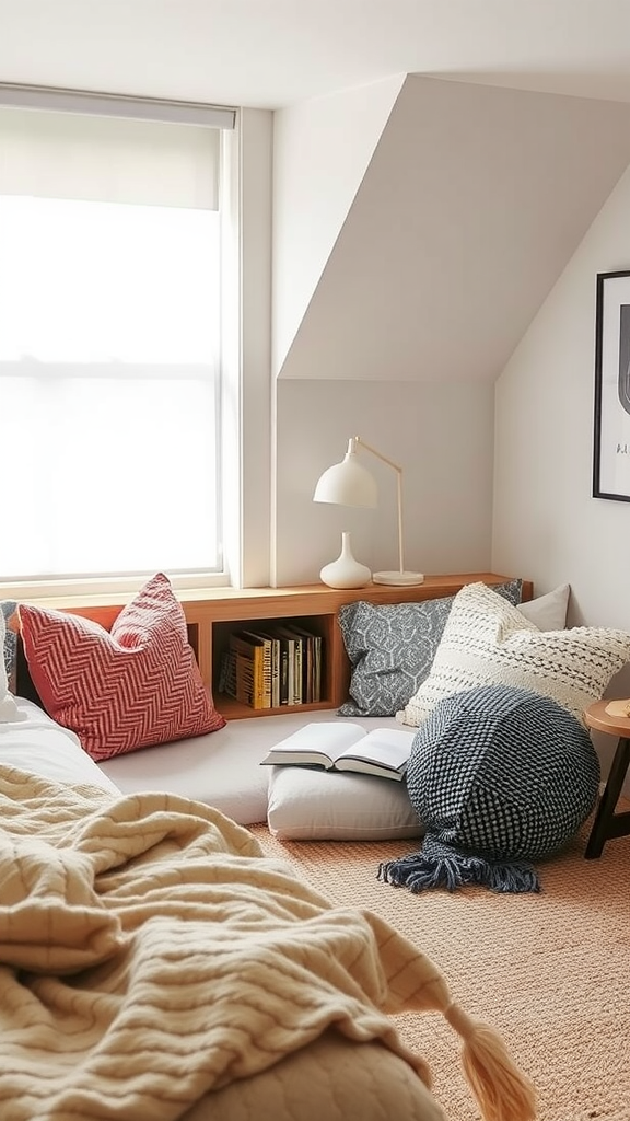 A cozy reading nook with cushions, a lamp, and a book on a low table.