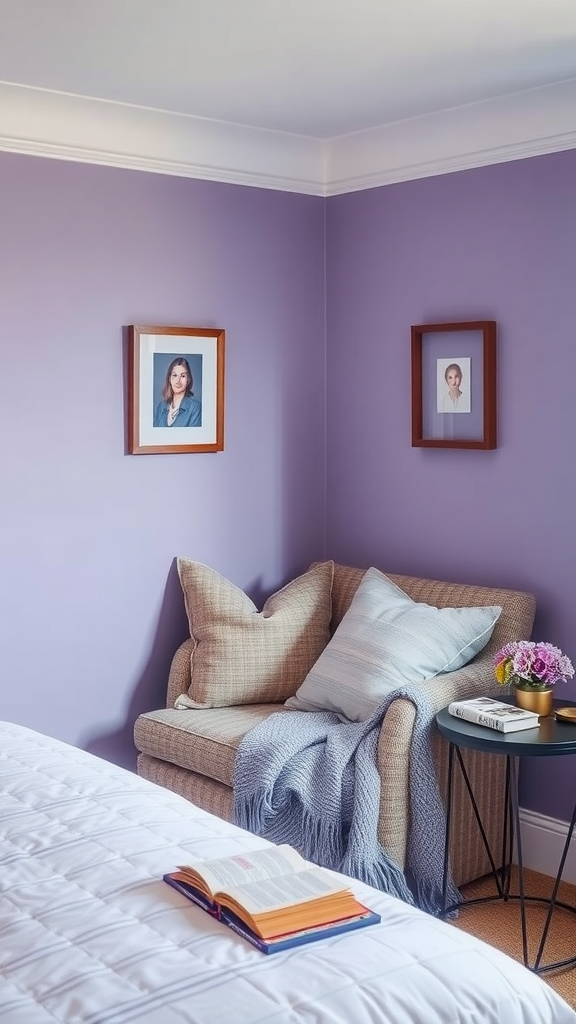 Cozy reading nook with a comfortable chair, pillows, a blanket, a book, and flowers.