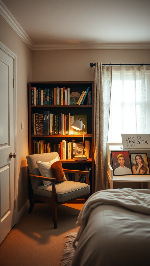 Cozy reading nook with a chair, bookshelf, and warm lighting.