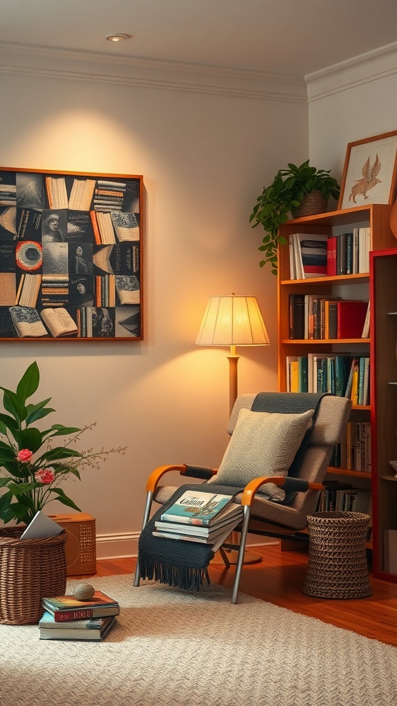 A cozy reading nook featuring a comfortable chair, stacked books, a lamp, and a plant.