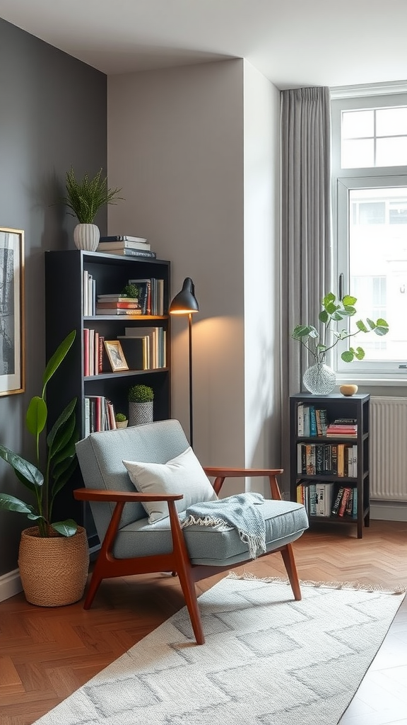 A cozy reading nook featuring a comfortable chair, bookshelf, and plants.