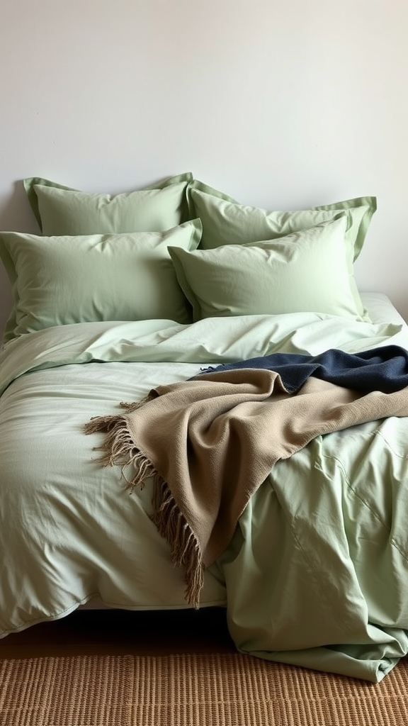 A cozy bed with sage green bedding and a soft throw blanket.