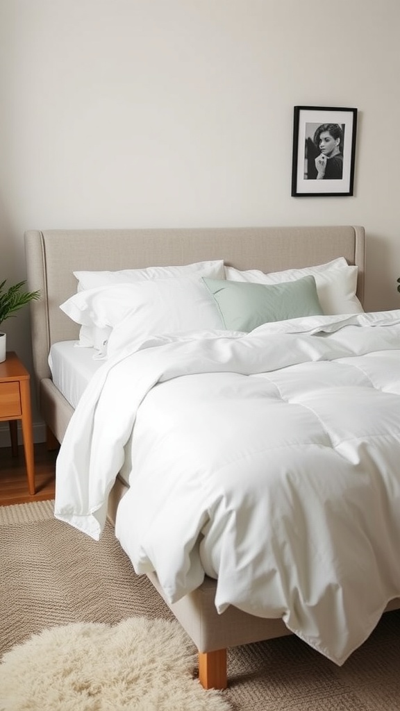 Cozy white bedding in a dorm room with soft textures and a pop of color.