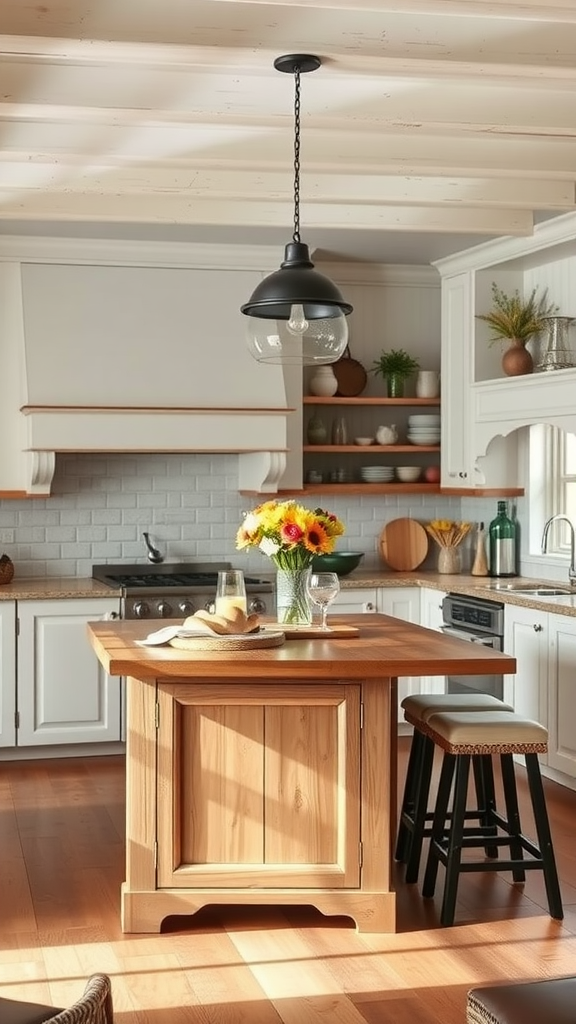 A cozy old-world kitchen featuring a wooden island, bright flowers, and warm lighting.