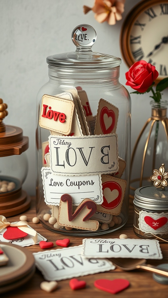 A jar filled with love coupons, decorated with hearts and a rose, surrounded by additional heart-shaped decorations.