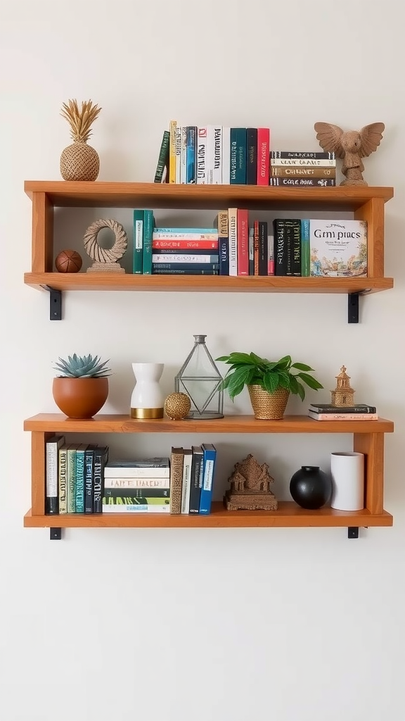 Beautifully arranged wall shelves with books and decorative items