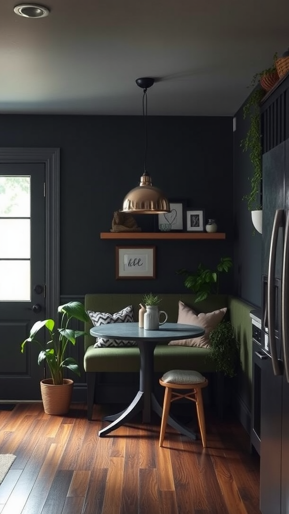 A cozy kitchen nook with dark walls, a green bench, and a round table, complemented by plants and warm lighting.