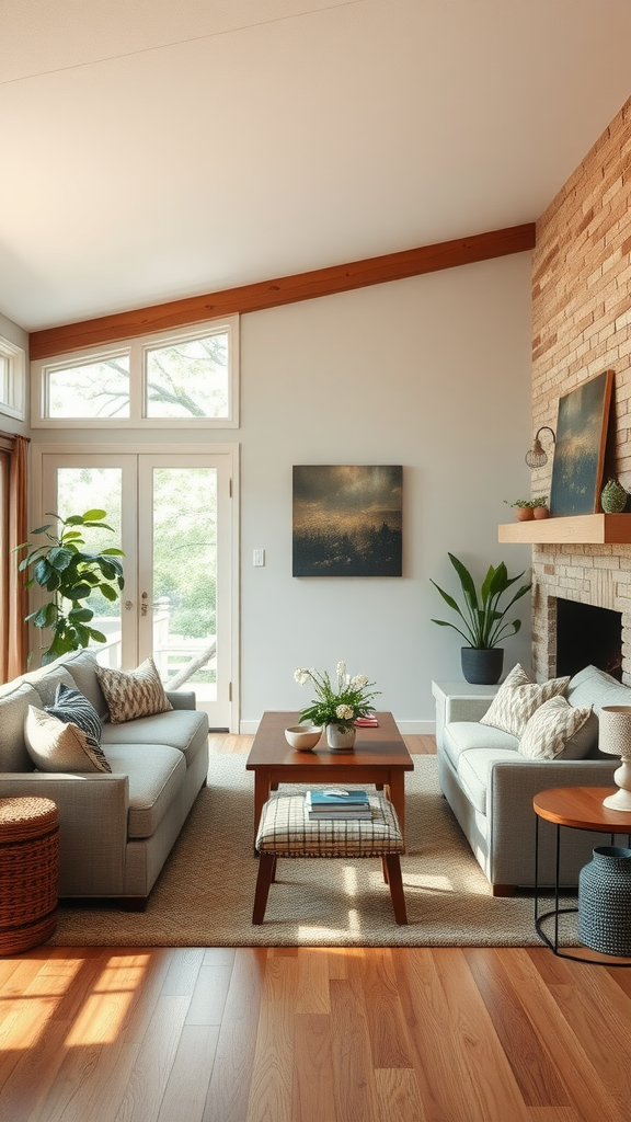 A cozy ranch-style living room with soft furniture, warm lighting, and plants.