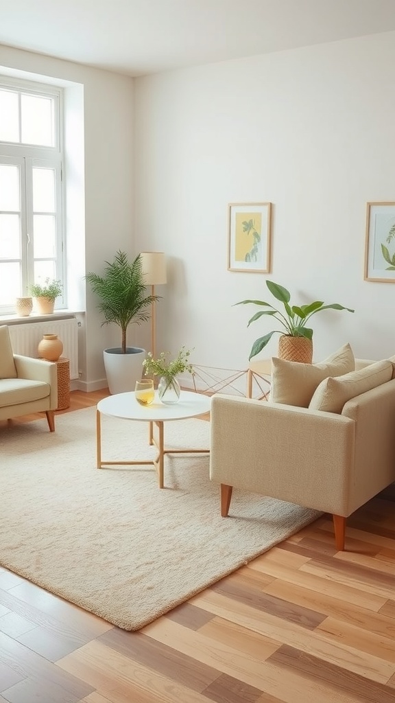 A cozy living room featuring creamy beige rugs, soft seating, and green plants.