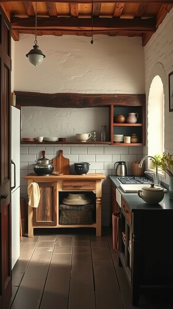 A cozy old-world kitchen featuring creamy white walls, wooden accents, and rustic decor.