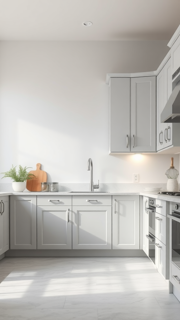 A modern kitchen featuring light gray cabinets, a sleek sink, and a bright, airy atmosphere.