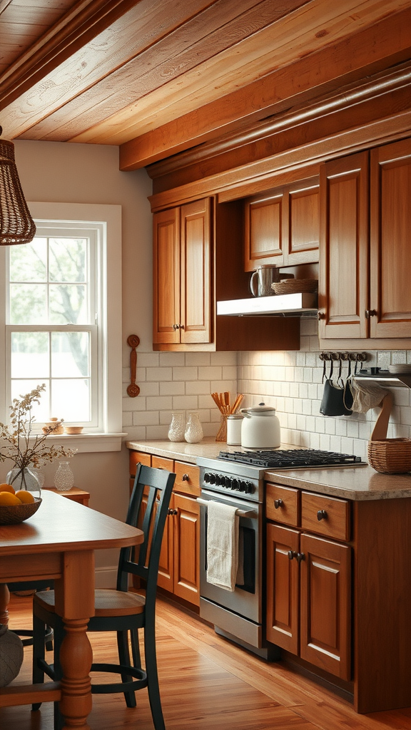 Cozy kitchen with hickory cabinets and wooden table