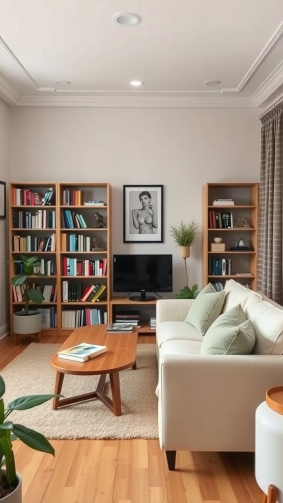 Cozy living room library nook with bookshelves and comfortable seating.