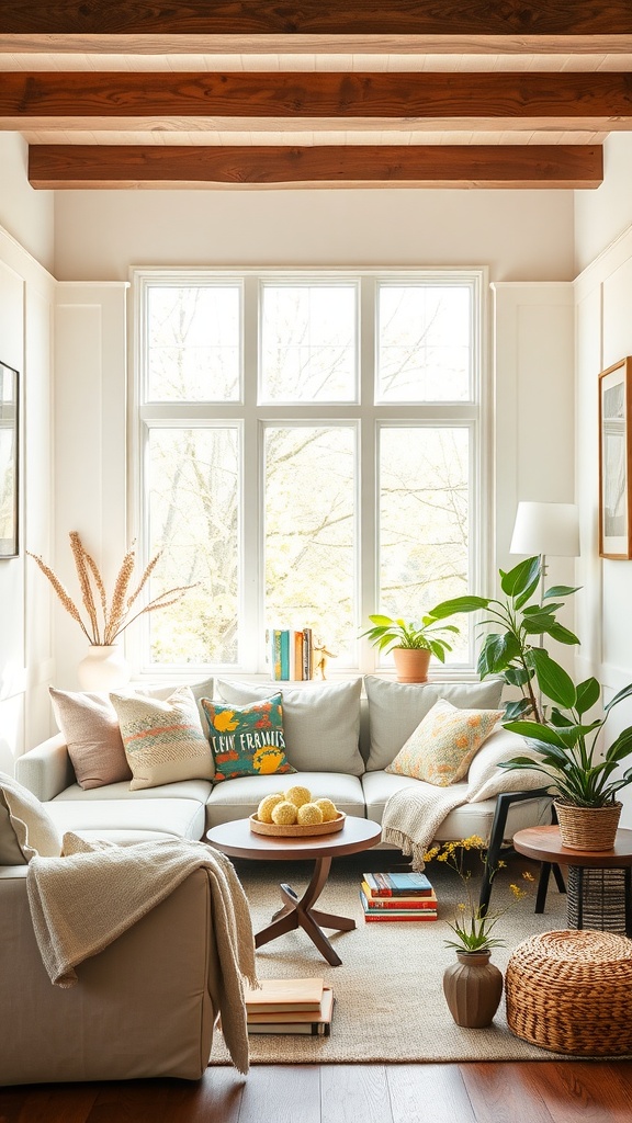 Cozy reading nook with a comfortable sofa, plants, and a warm atmosphere.