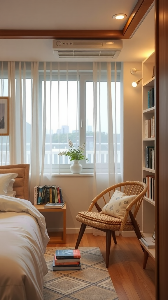 A cozy reading nook featuring a comfortable chair, books on a small table, and natural light coming through the window.