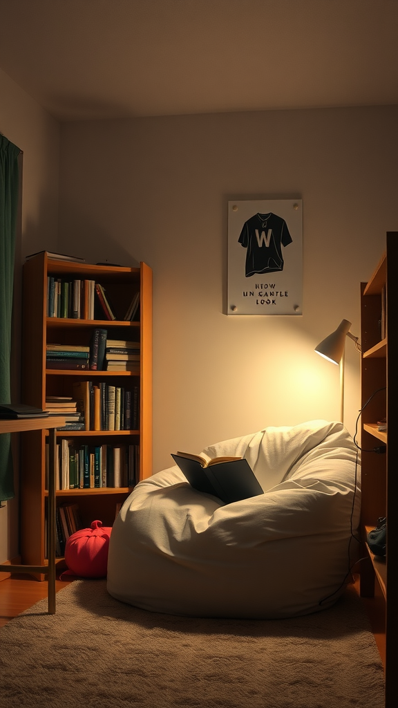 Cozy reading nook with a bean bag, lamp, and bookshelves.