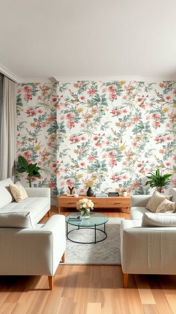 A bright living room with floral wallpaper and cozy furniture.