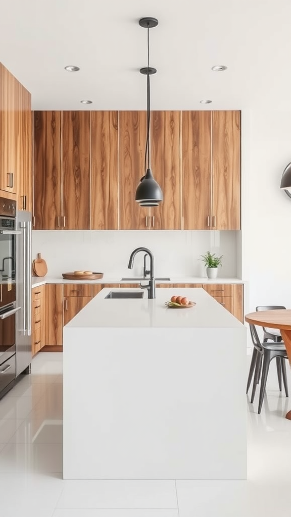 A modern narrow kitchen island in a stylish kitchen