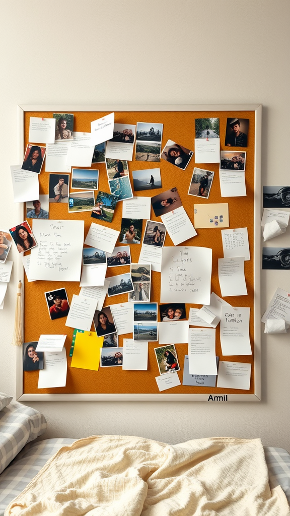 A cluttered bulletin board filled with photographs and notes in a cozy dorm room.