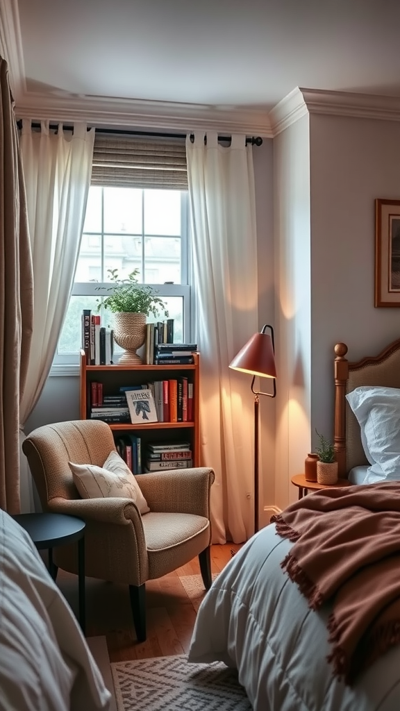 Cozy reading nook with a chair and bookshelf near a window.